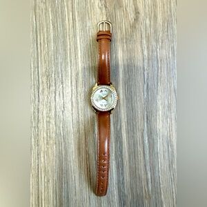 Black Hills Gold Quartz Watch Brown Leather Strap Rhinestone Bezel